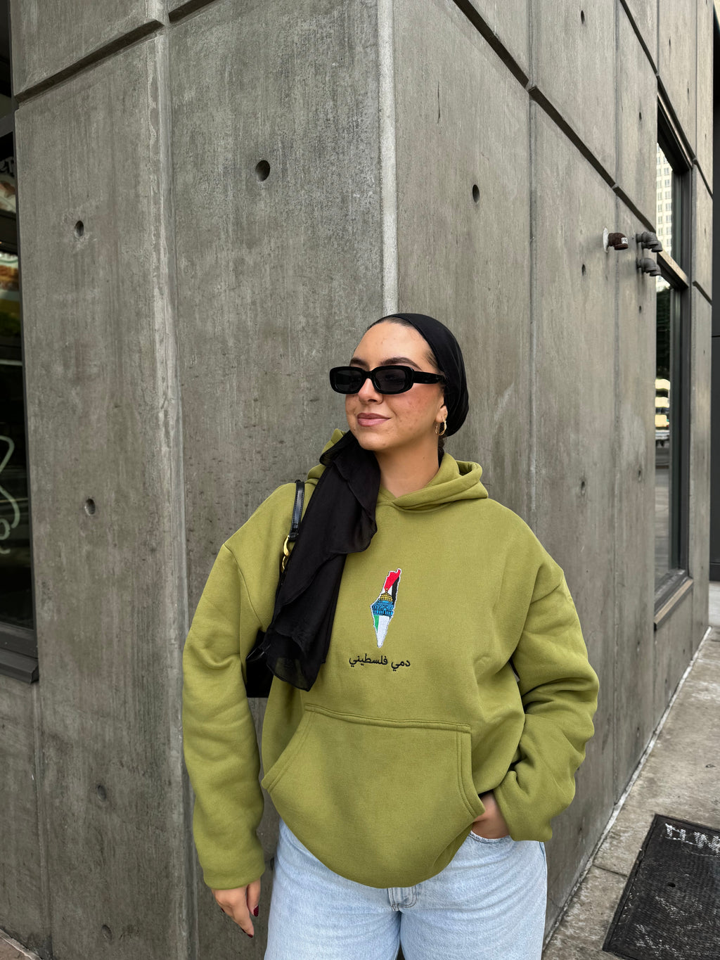 Original Free Palestine Puff Print Hoodie - Olive Green