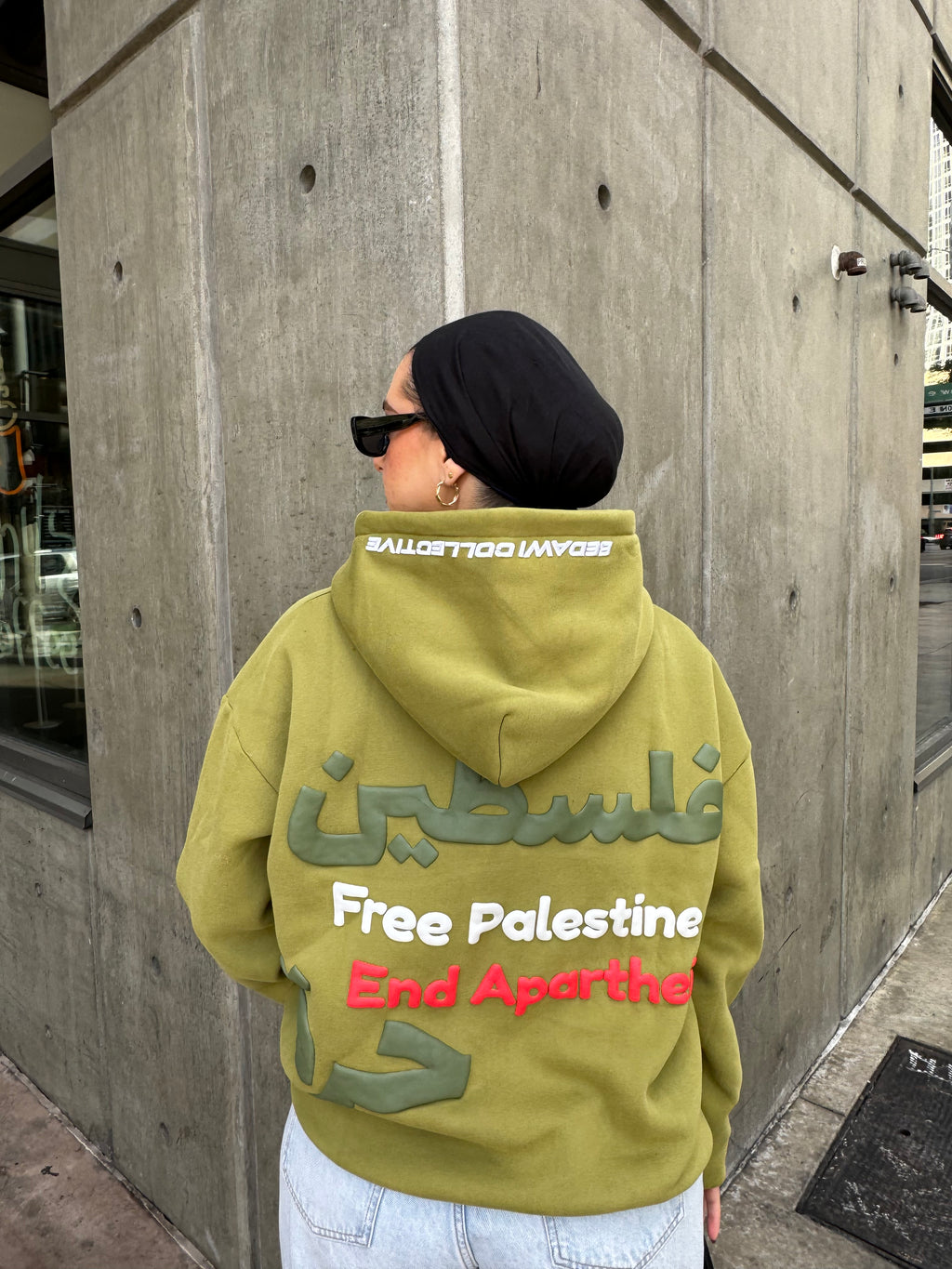 Original Free Palestine Puff Print Hoodie - Olive Green