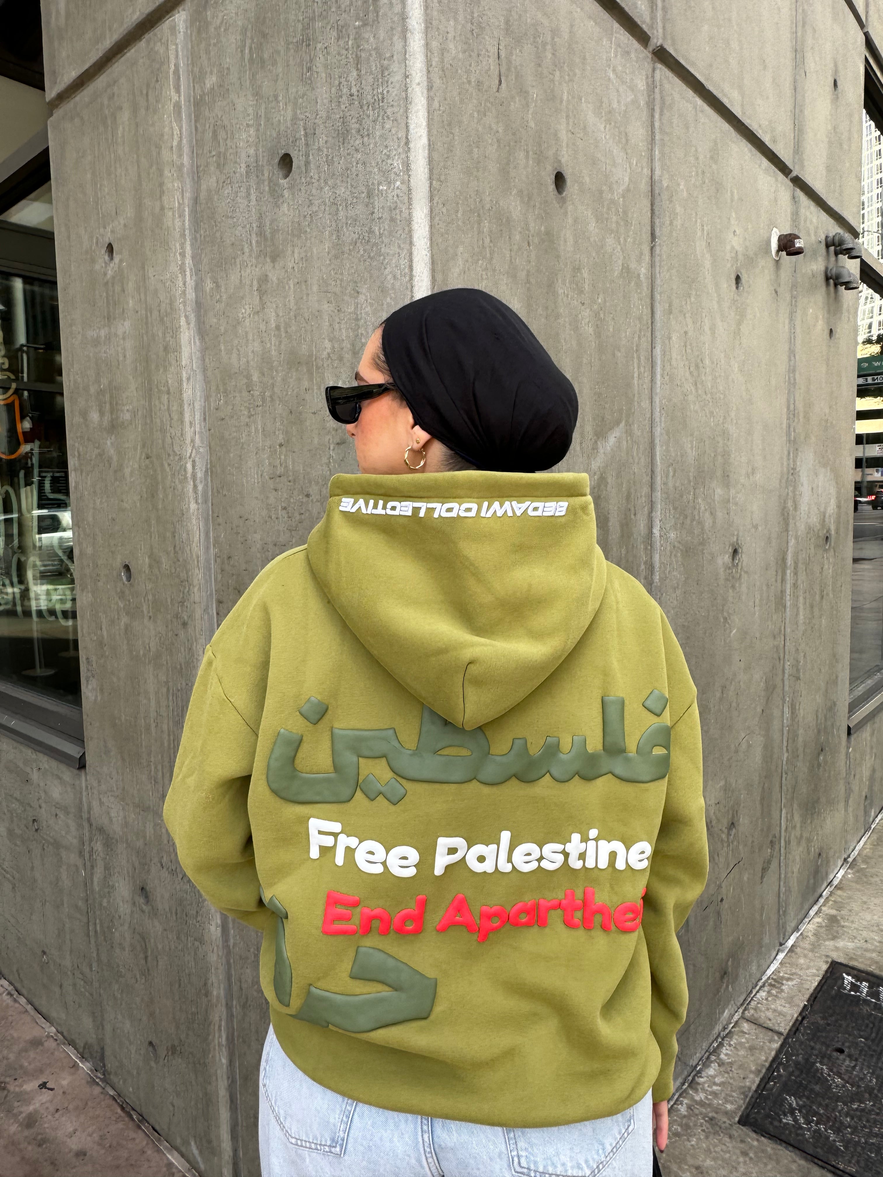 Original Free Palestine Puff Print Hoodie - Olive Green