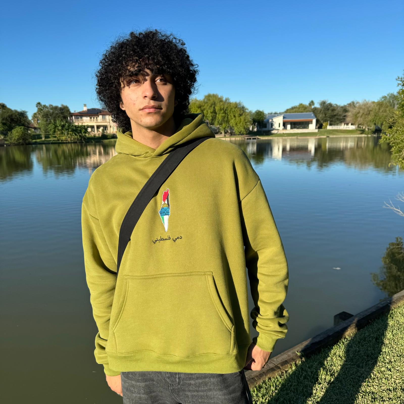 Original Free Palestine Puff Print Hoodie - Olive Green